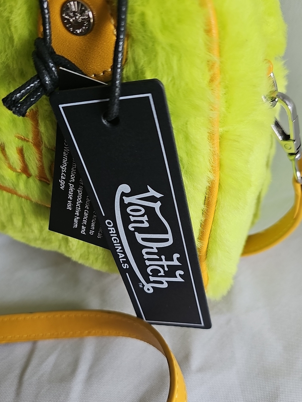 Von Dutch Neon Yellow/green Faux Fur Mini Tote with Golden Yellow Trim - Picture 3 of 12